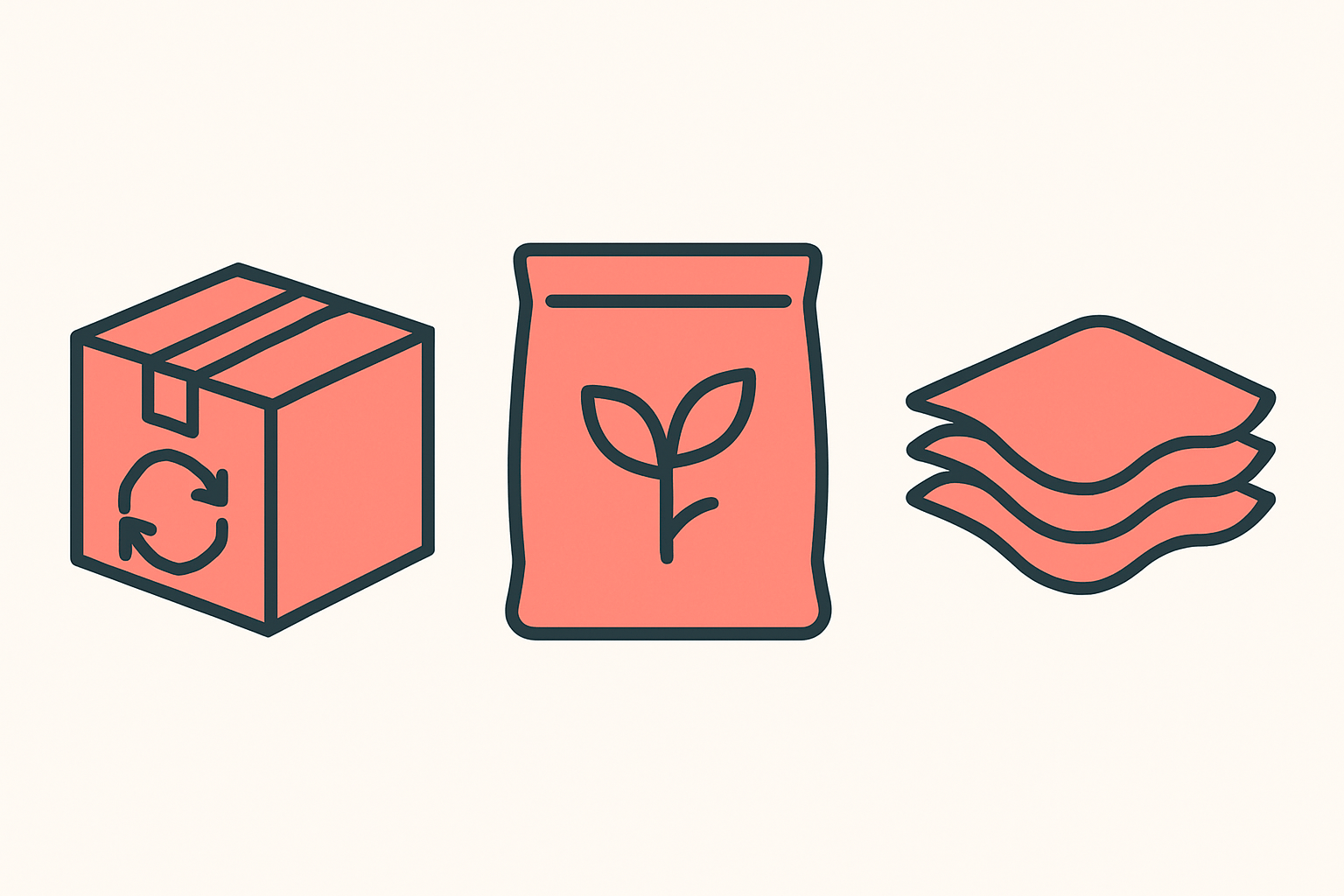 Three sustainable packaging options: a recyclable box, a compostable mailer, and a recycled-content stack