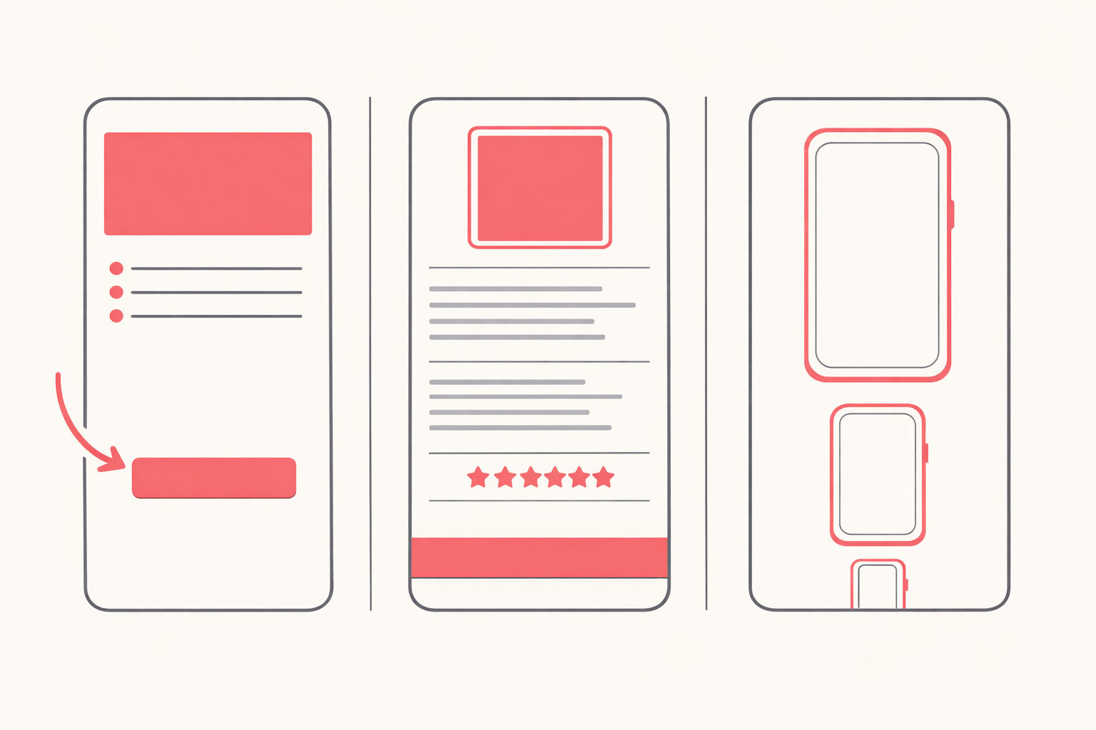 Three page outlines side by side: a short paid-traffic landing page with one button, a long product page with gallery, specs, reviews and a sticky bar, and a one-product store built around a single product at three scales