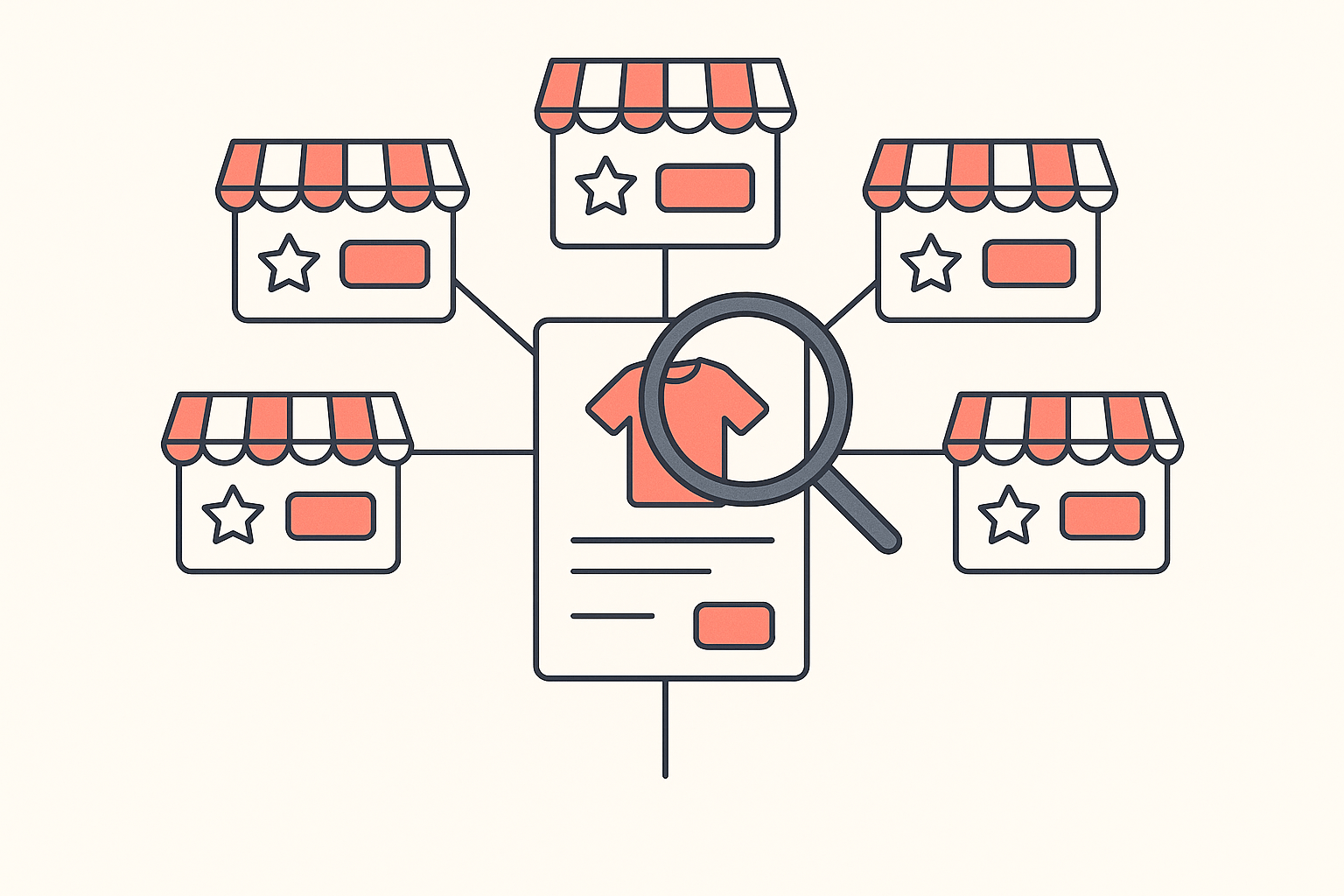One product card fanning out to five other stores and marketplaces selling the same item, each with a price and a rating