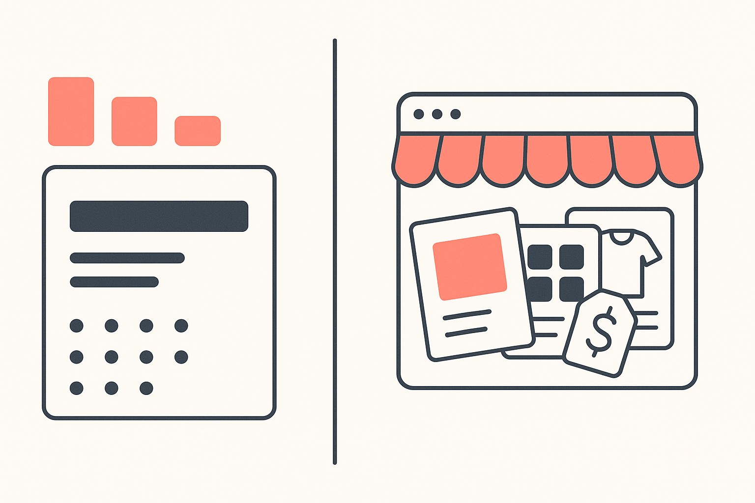A generic subscription dashboard on one side, a live storefront opened into its theme, apps and priced products on the other