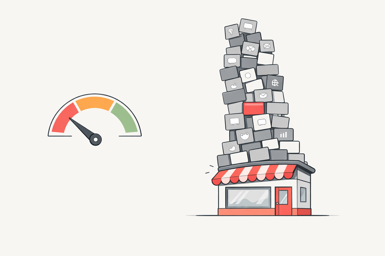 A Shopify storefront buried under a teetering tower of installed apps, most of them greyed out and unused, with a speed gauge tipped into the red