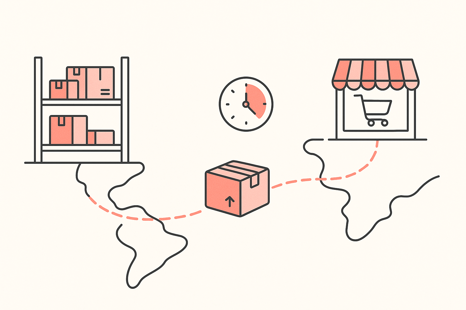 A parcel moving from a warehouse shelf across two continents to a storefront, with a clock marking transit time