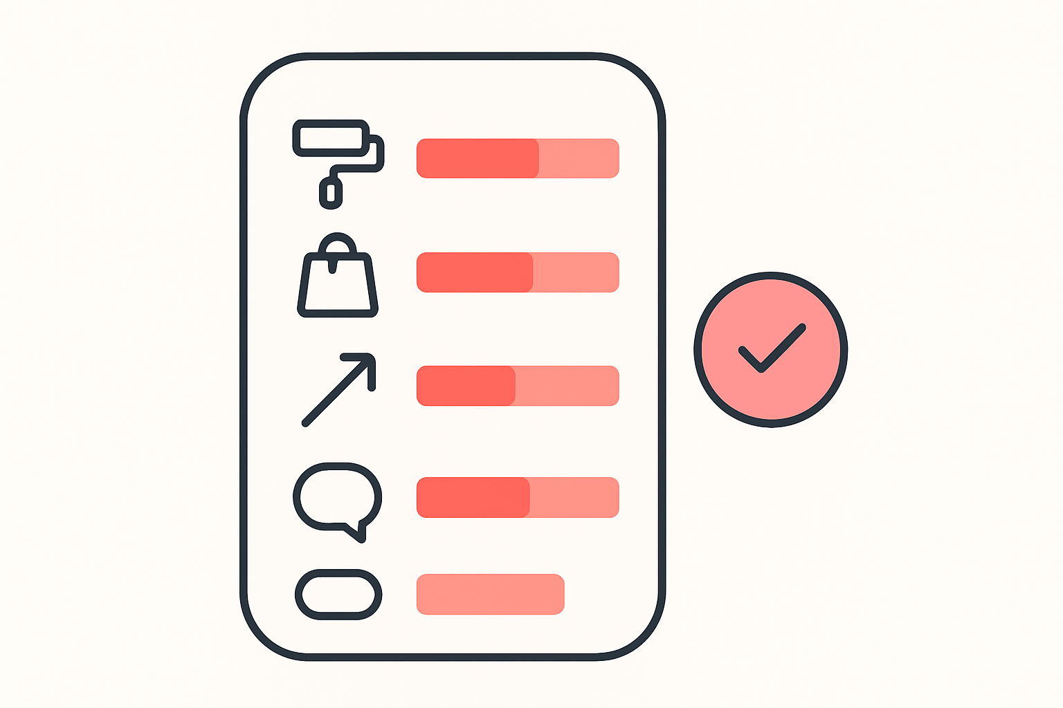 Flat vector illustration of a scorecard panel with five rows of icons and coral-pink progress bars beside a checkmark badge, representing grading a Shopify store against a fixed set of signals.