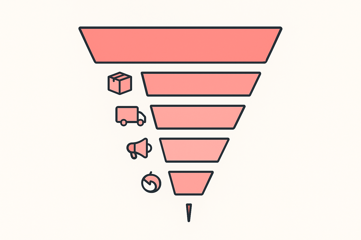 A gross revenue figure narrowing down through product cost, shipping, fees, and ad spend to a thin net result