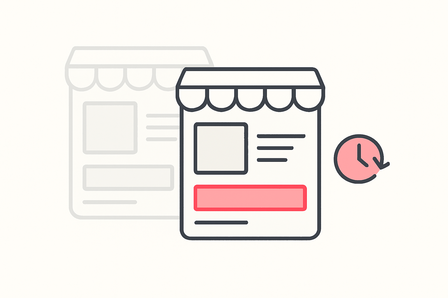 Illustration of an updated storefront layout with a faded old version behind it and a clock icon, showing a theme edit that has not reached the live store