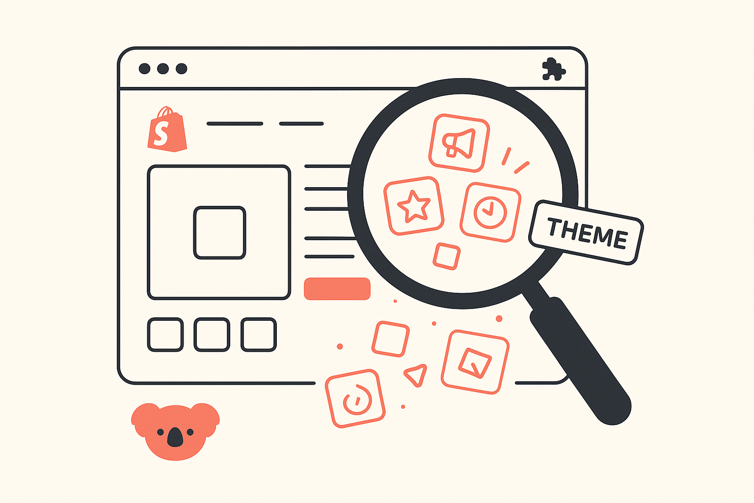 Koala Inspector panel open on a Shopify product page, listing the store's theme and installed review, upsell and urgency apps