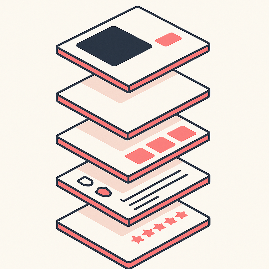 Vertical stack of a Shopify product page showing hero, image sequence, bundle offer, trust signals, reviews and FAQ blocks in order