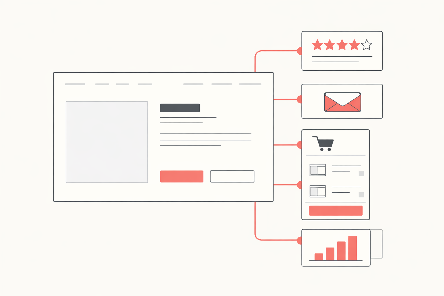 A Shopify store's conversion layers shown as modular blocks snapping into a theme foundation: reviews, email capture, cart upsell and analytics