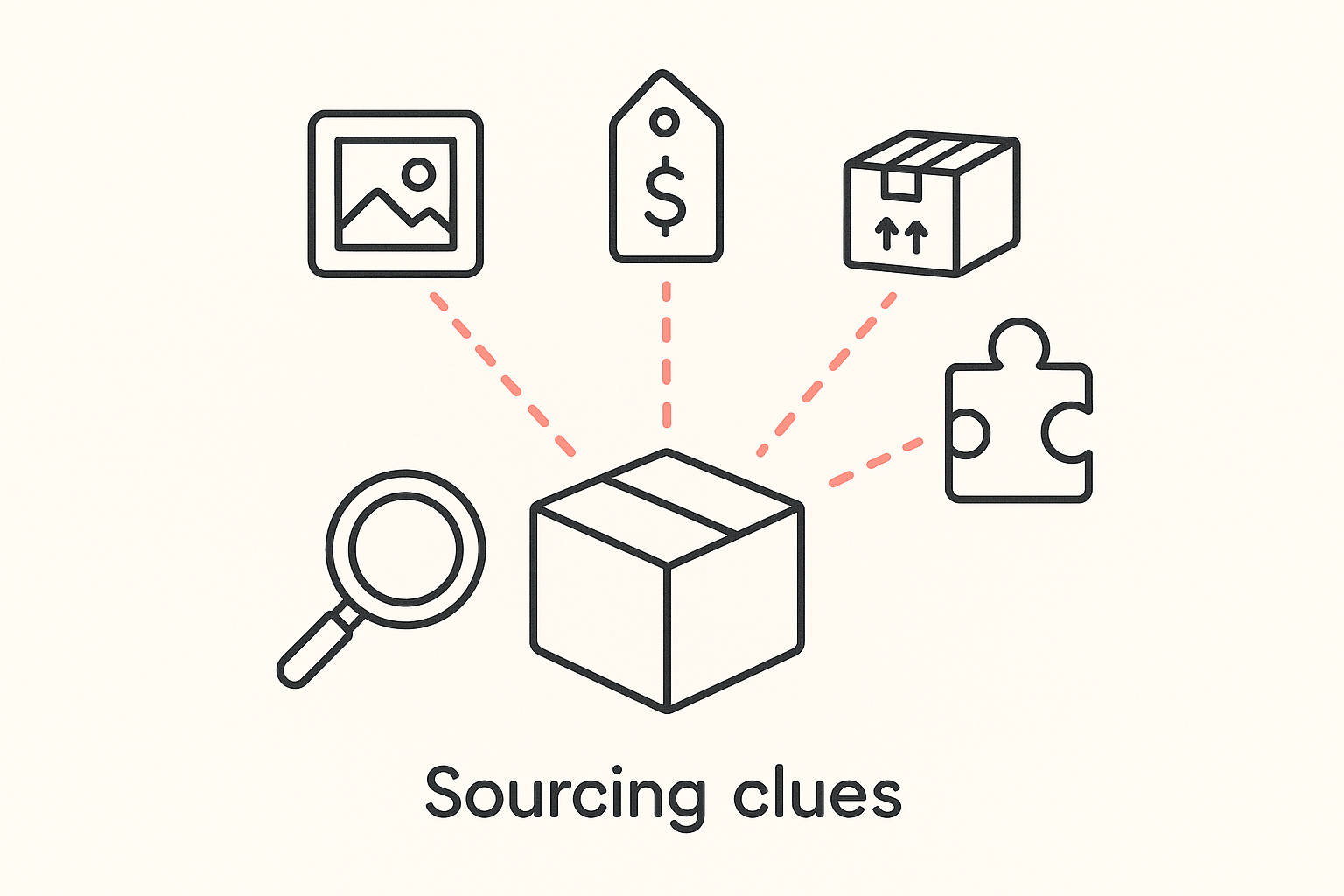 Flat illustration of sourcing clues, product photos, price tags, and shipping labels, fanning out from a single product