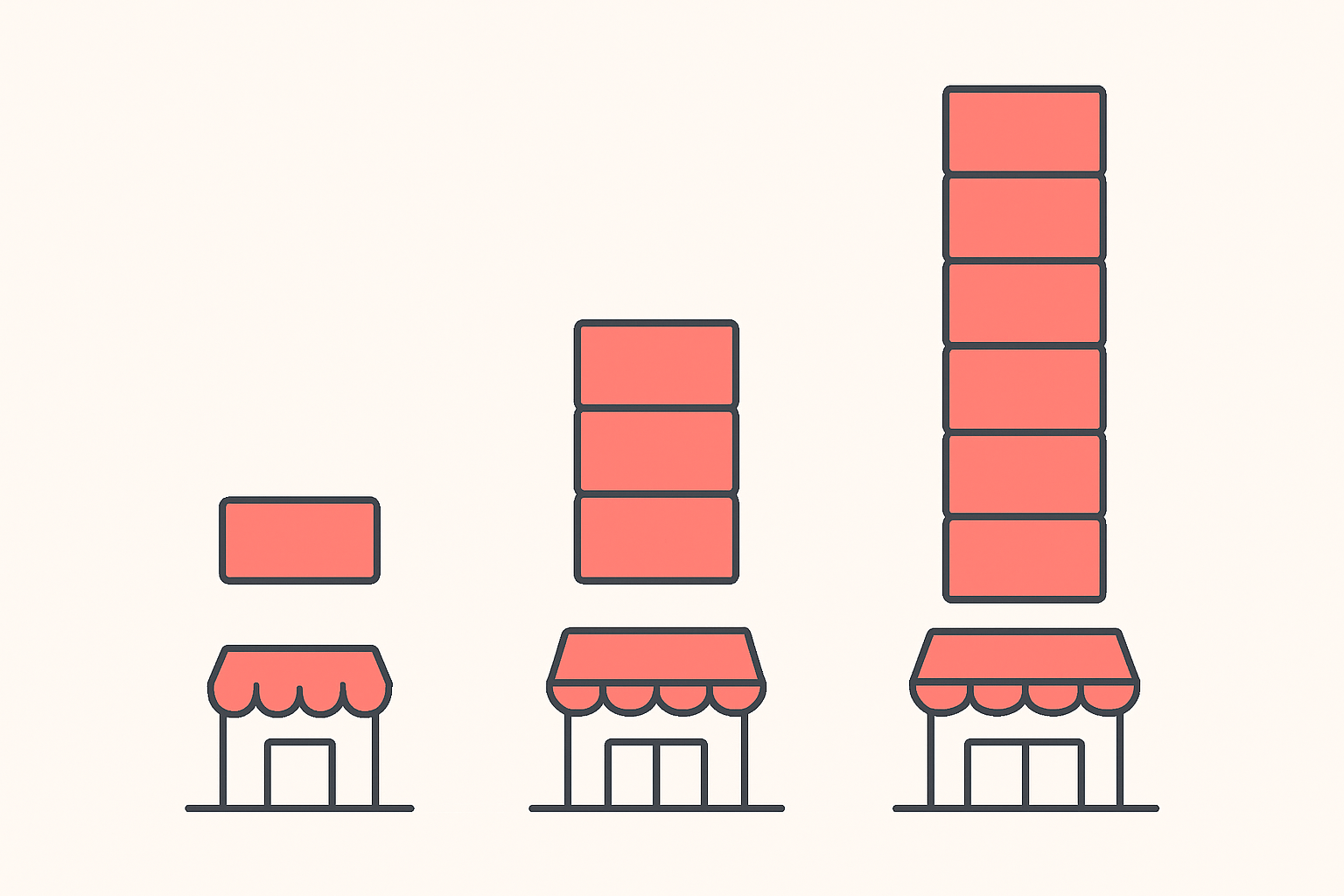 Flat vector illustration of three stacked budget tiers rising in size from a small single block to a large multi-block stack