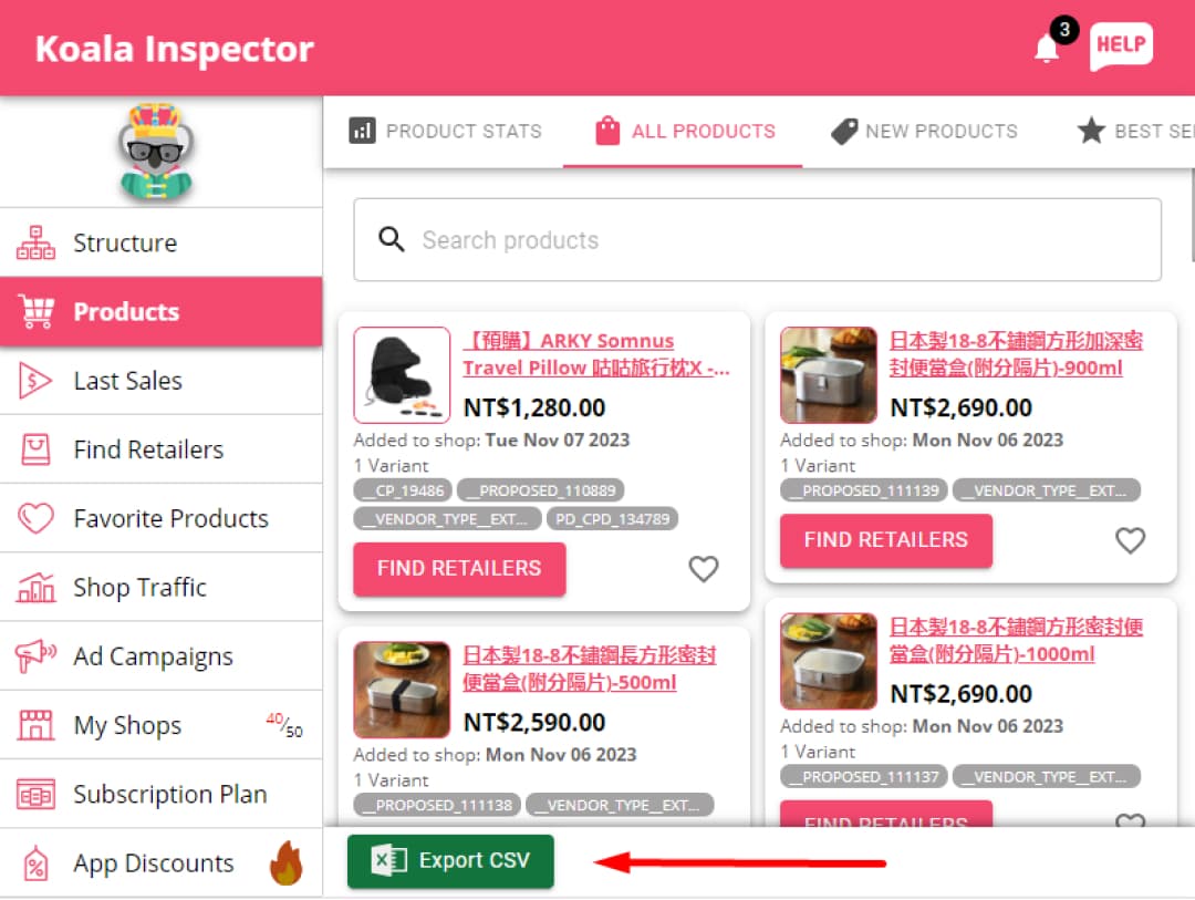 how to export a csv file using Koala inspector