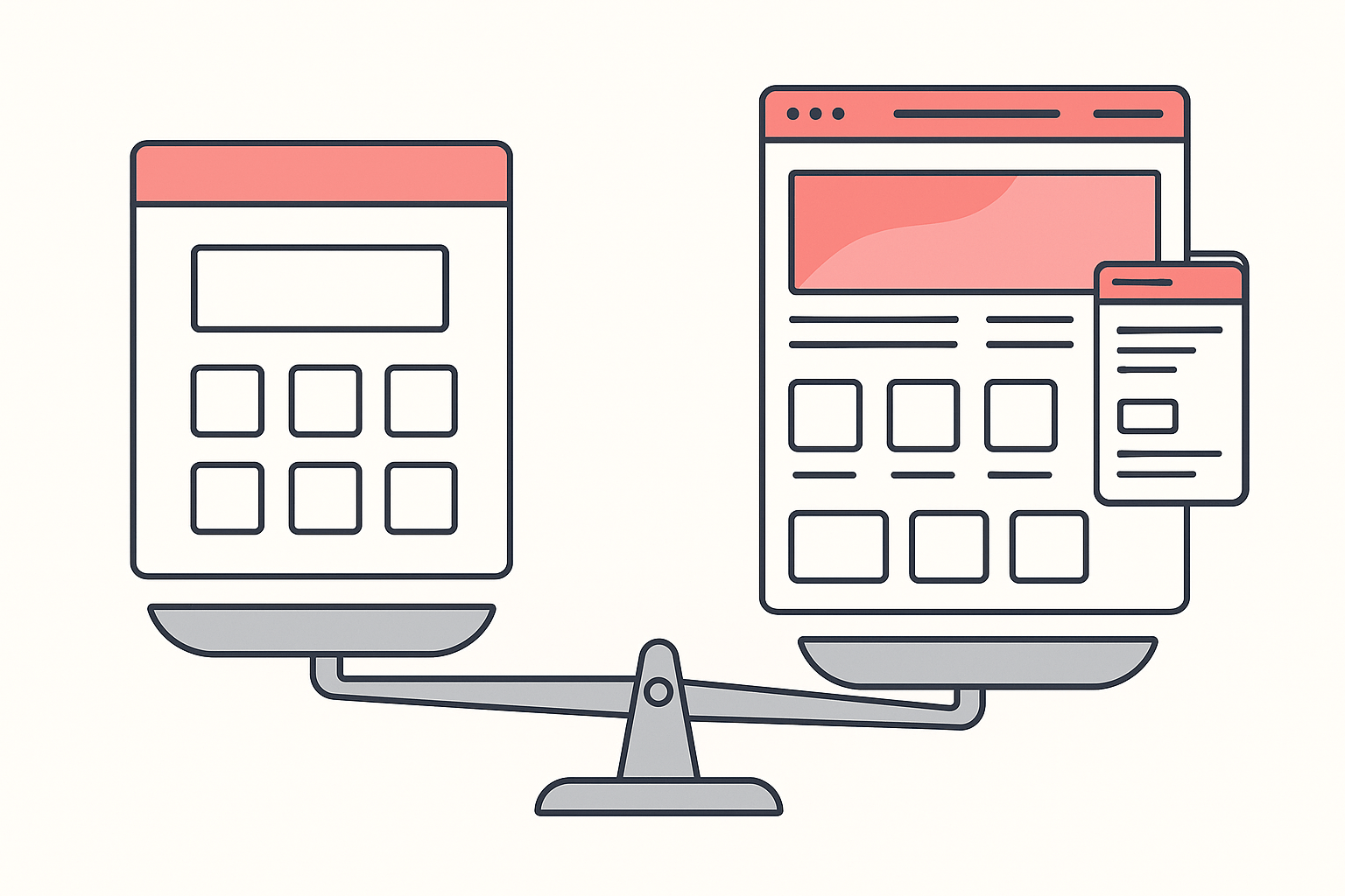 Two store layouts weighed against each other on a balance scale, one plain and one richer with more content blocks