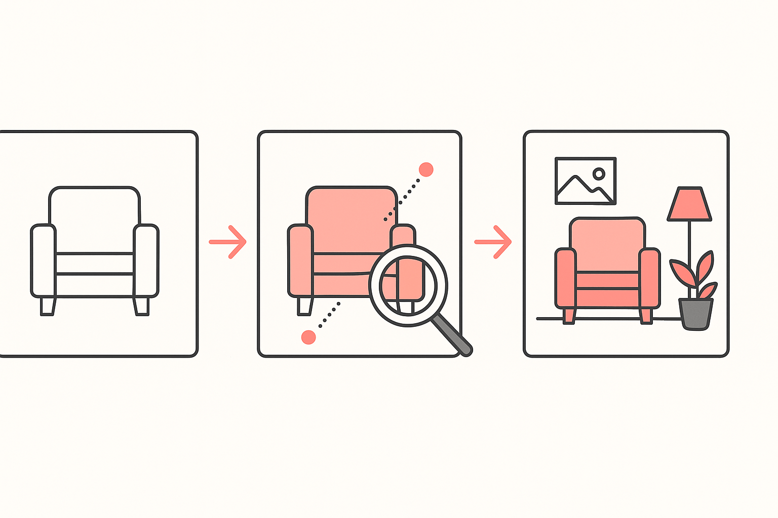Three-stage product image sequence: white-background hero, feature close-ups, then real-life usage photo