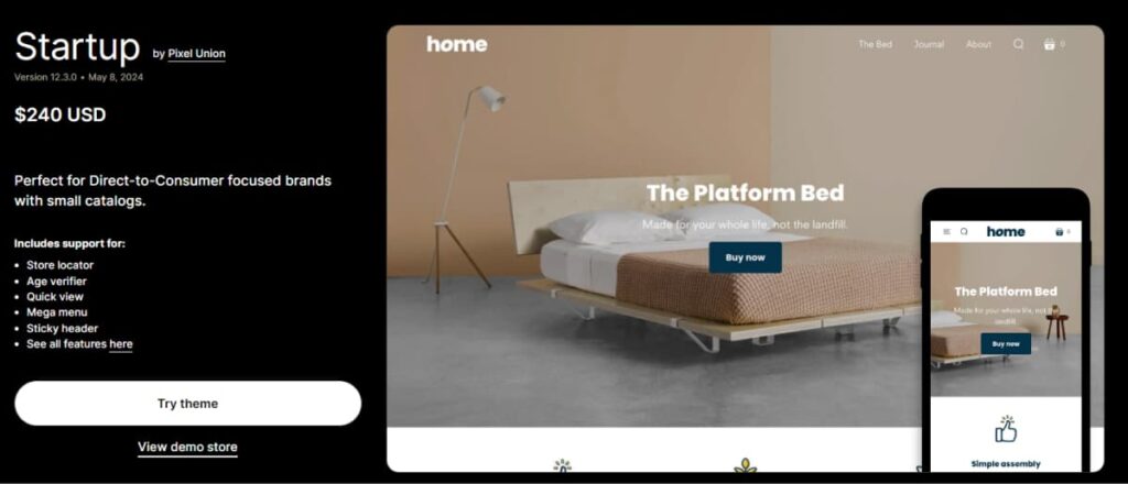 startup shopify theme homepage