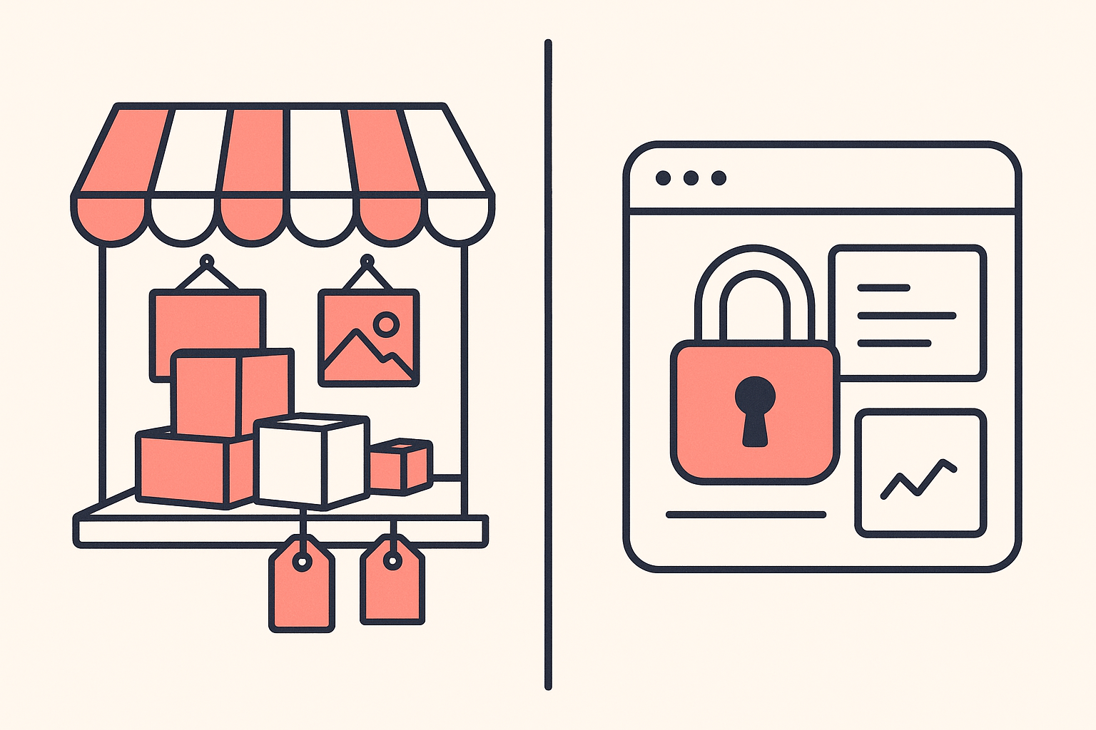Flat illustration contrasting a competitor's public storefront signals with their private supplier dashboard