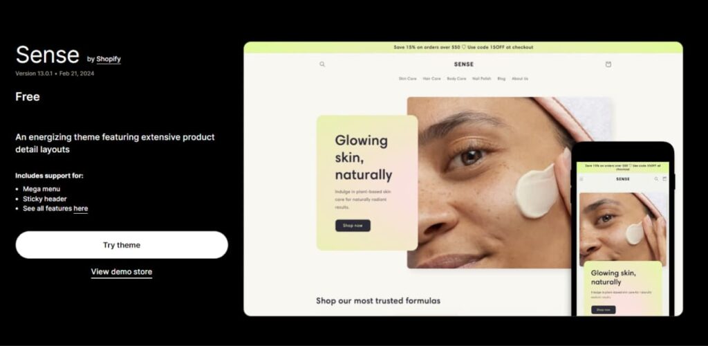 sense theme shopify store page
