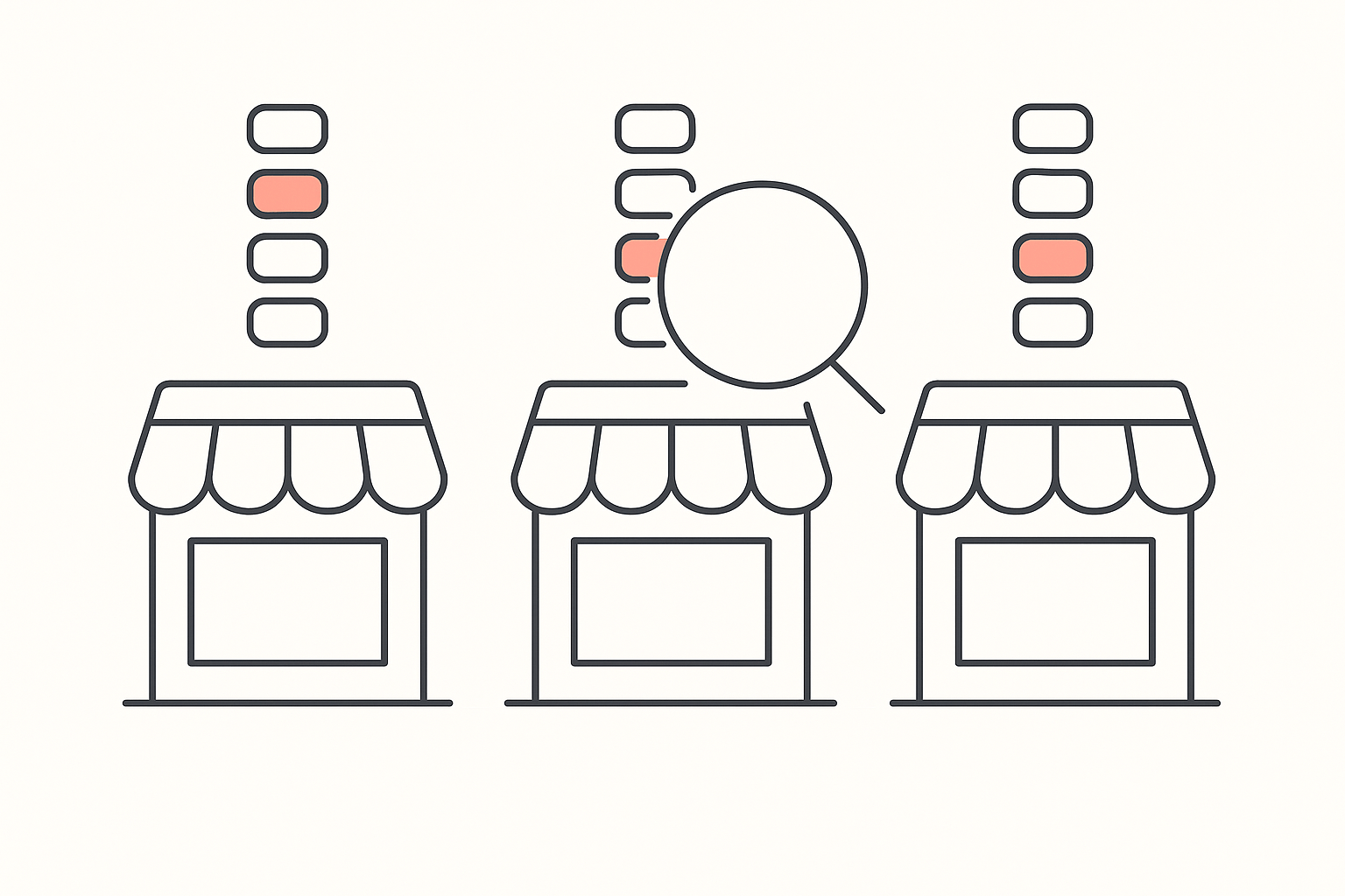 Flat vector illustration of three storefront windows with their app stacks lifting out as labelled tiles under a magnifying glass