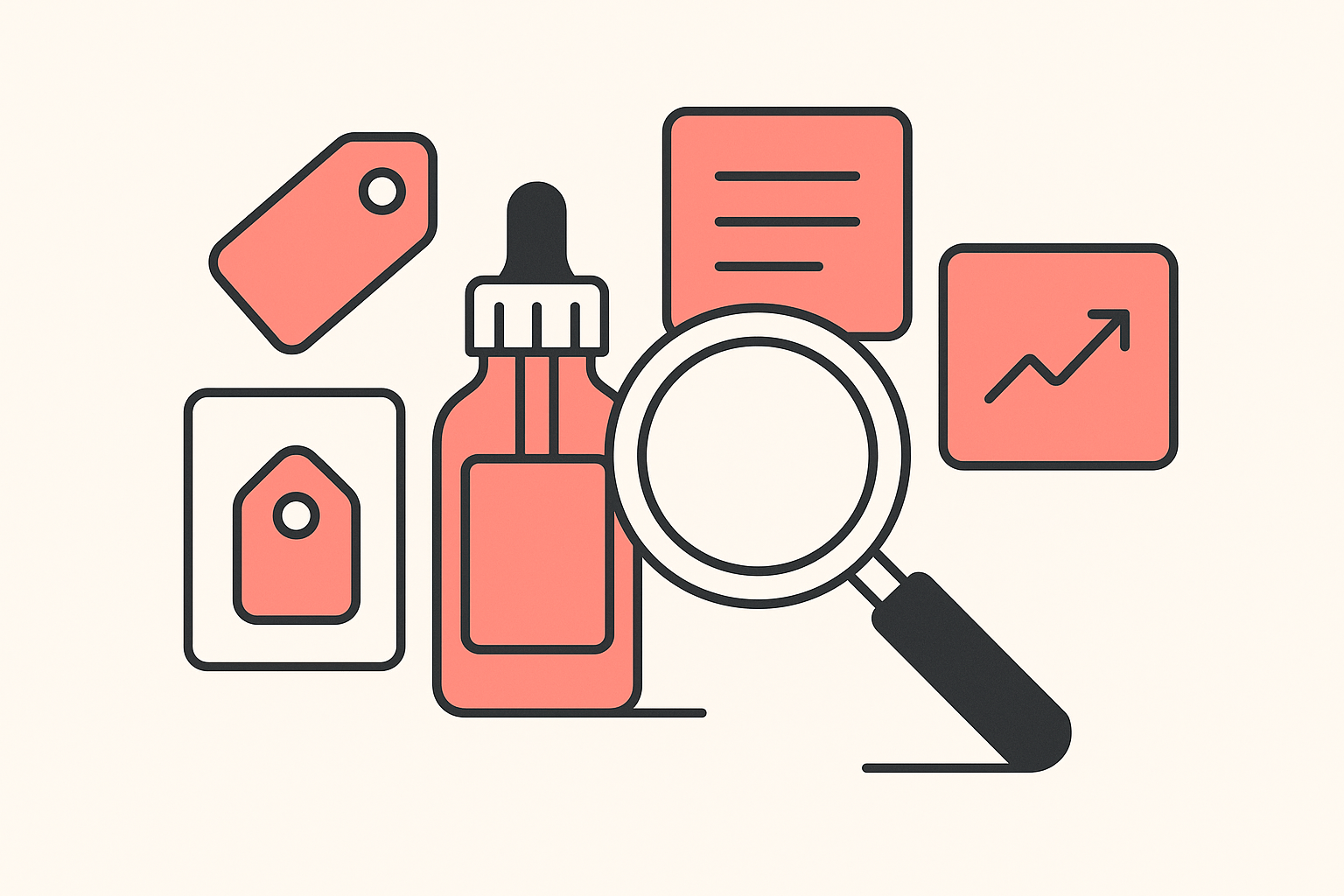 Flat-vector illustration of competitor store research: a magnifying glass inspecting a serum bottle beside abstract cards for price, apps, and a traffic trend
