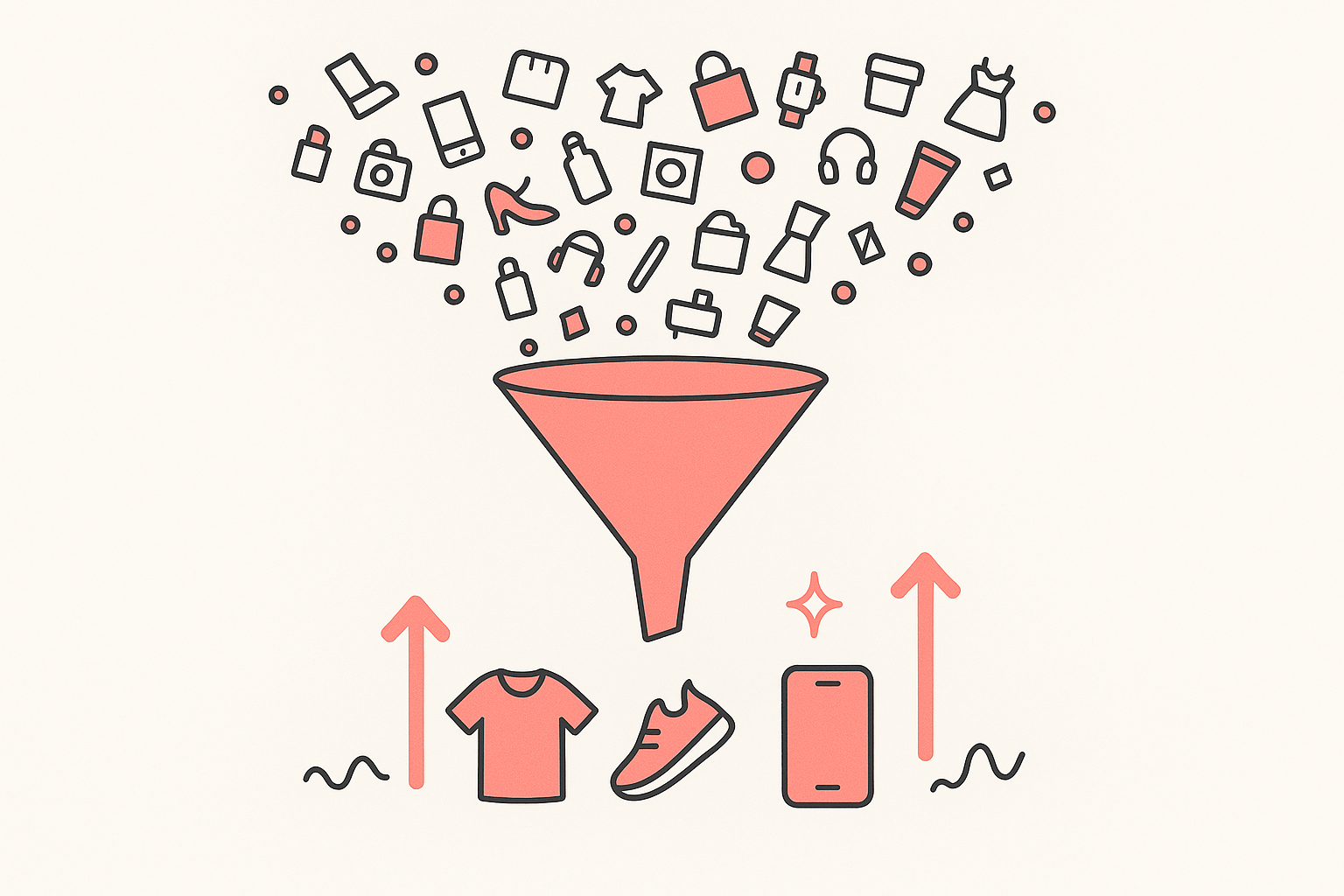 An abstract funnel filtering a wide scatter of products down to a few standout winners with rising trend arrows