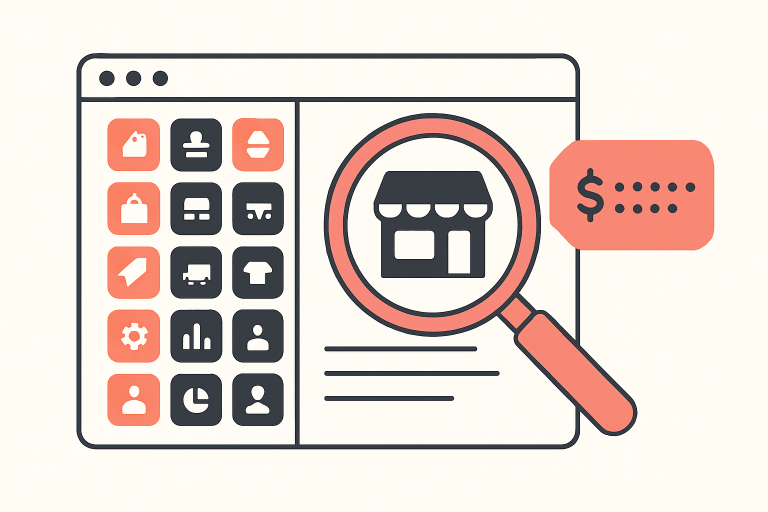 Flat vector illustration of a browser window listing a competitor store's installed apps beside a price estimate