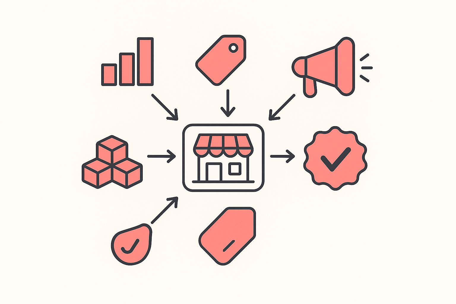 A storefront card connected to competitor signals - traffic, price, apps, and ads - all converging on a single checkmark