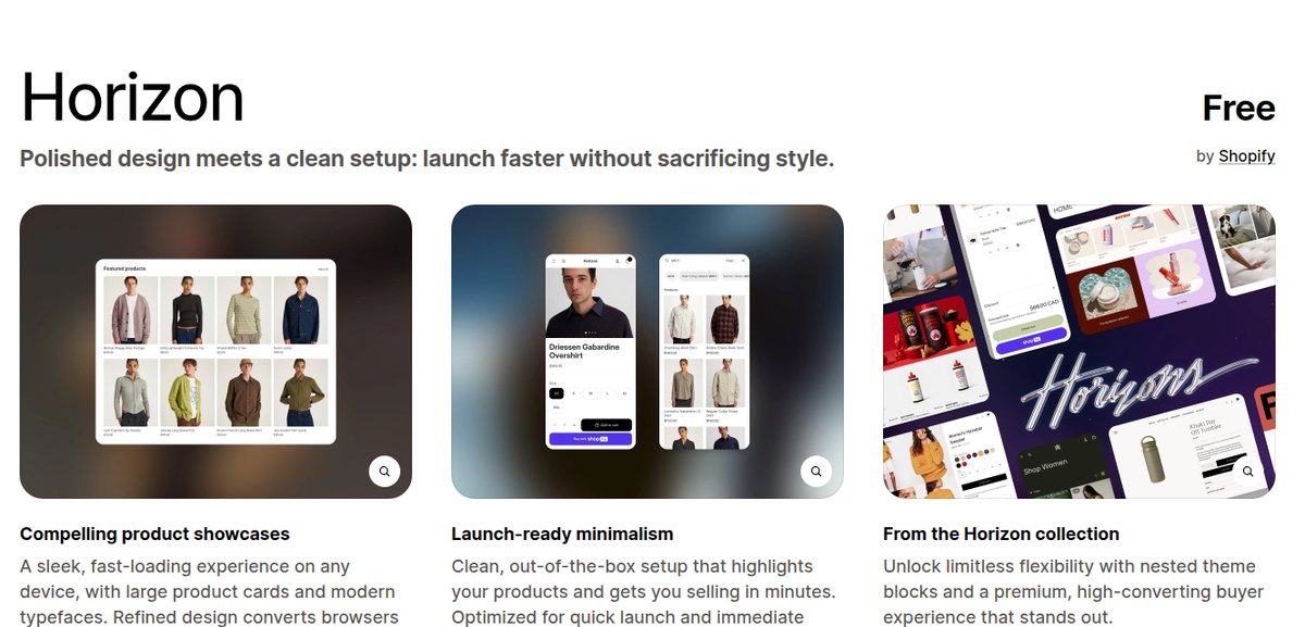 The Horizon theme listing in the Shopify Theme Store, showing the price, the tagline and three preview panels