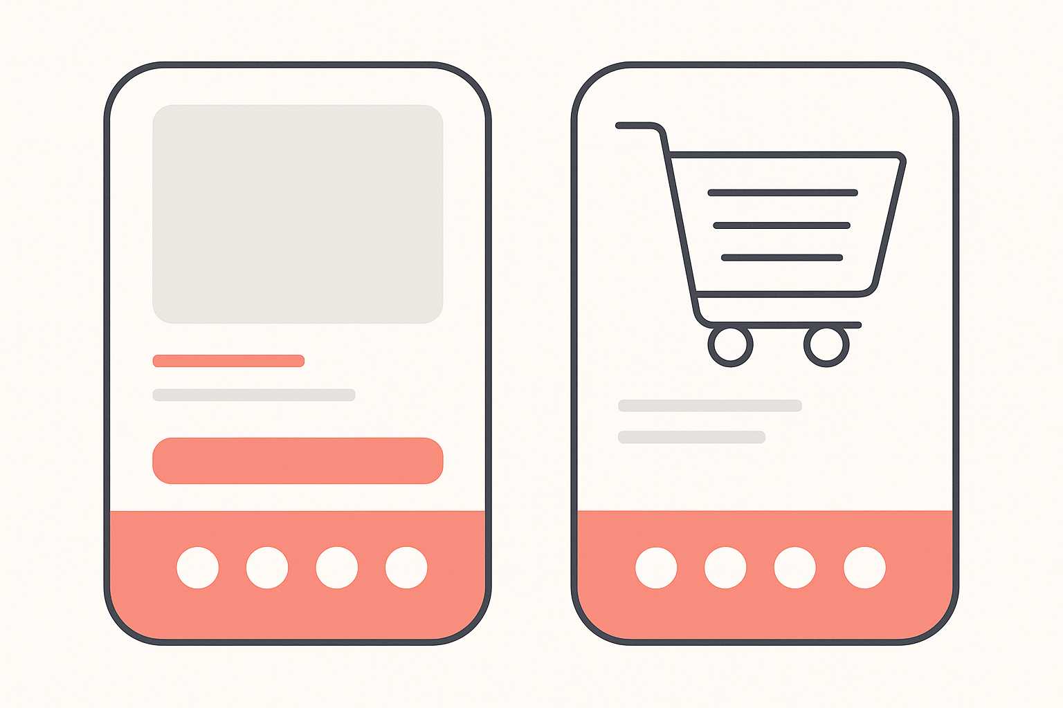 Flat vector illustration of a product page panel and a cart panel, each carrying a coral pay-later banner strip marked with four instalment dots