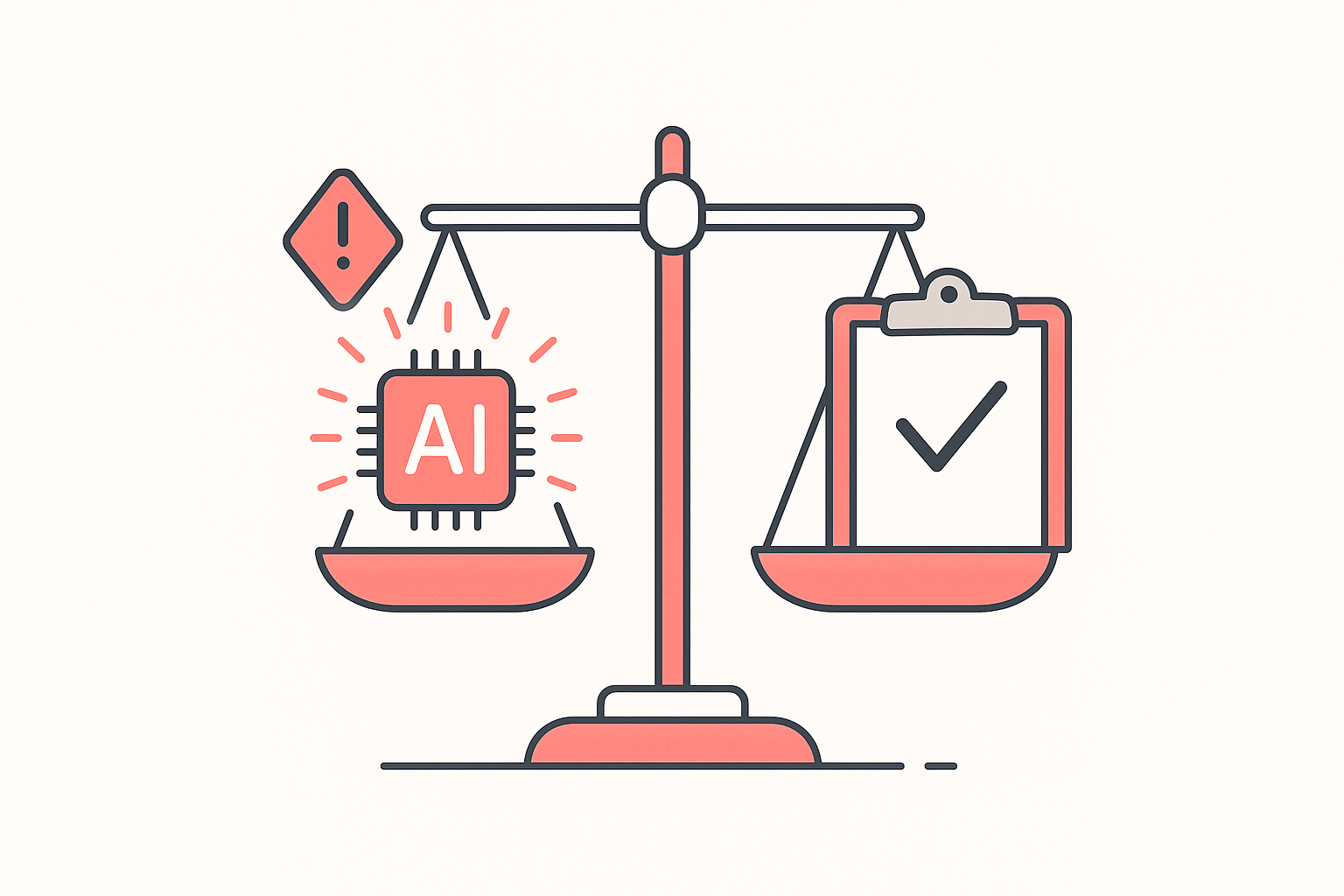 A weighing scale balancing an AI spark against a human checkmark, with a caution symbol on the AI side