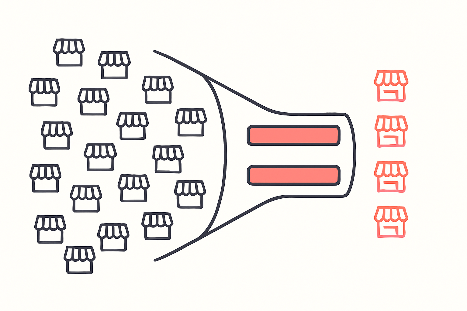 Flat vector illustration of a wide funnel: many grey storefront icons enter and a short shortlist of coral-pink storefronts exits, representing filtering Shopify stores down to one niche.