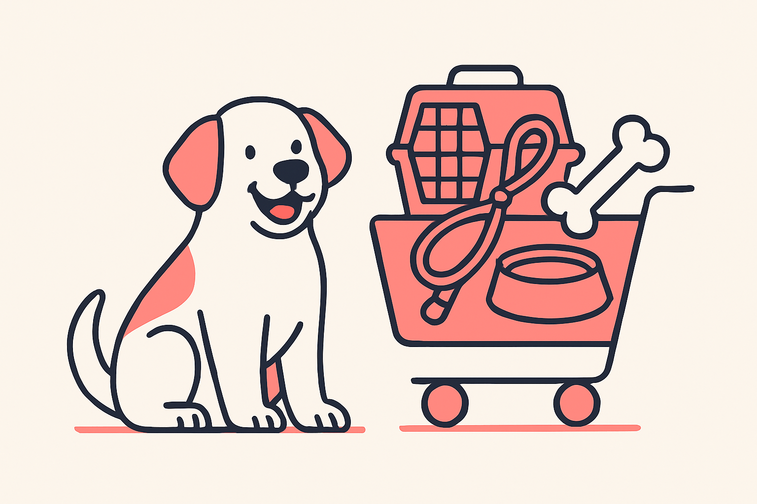 Flat vector illustration of a dog beside a shopping cart of dog products