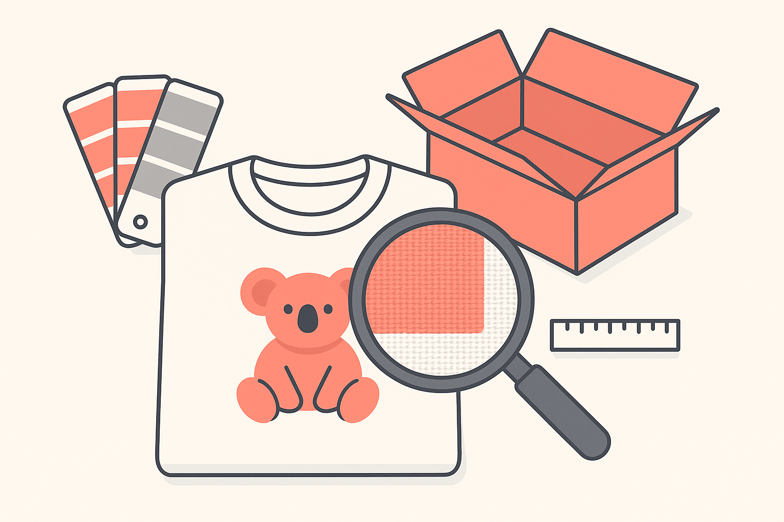 A folded sample t-shirt with a koala print, a colour swatch deck, an open parcel and a magnifying glass showing the weave and ink texture on the print area.