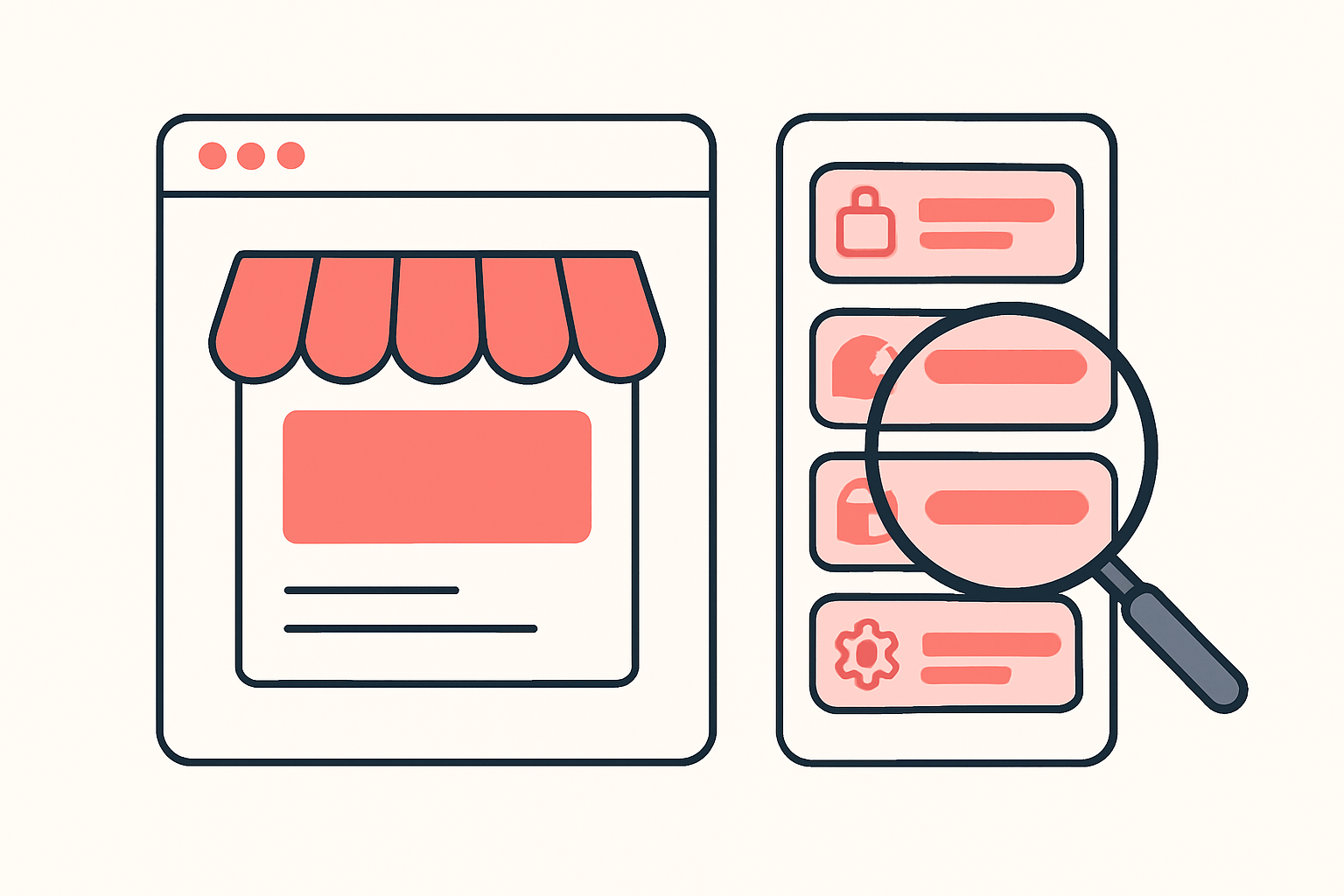 Flat vector illustration of a browser window beside an extension side panel listing grouped app cards under a magnifying glass