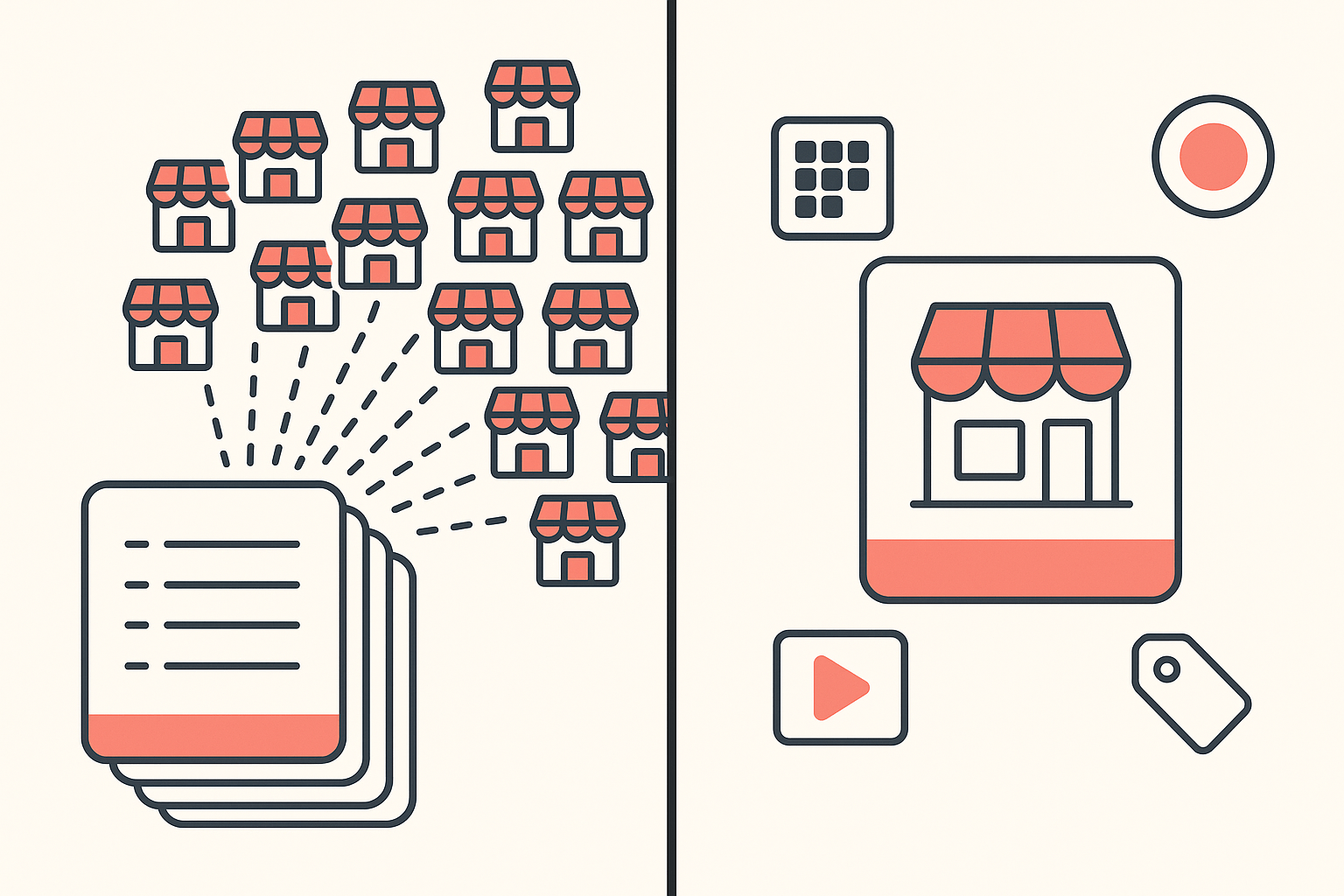 One curated product list feeding dozens of identical stores, beside a single storefront read for its apps, theme, ads and pricing