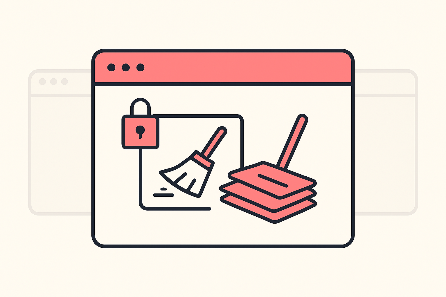 Illustration of a browser padlock menu clearing the stored files for a single site while other windows stay untouched