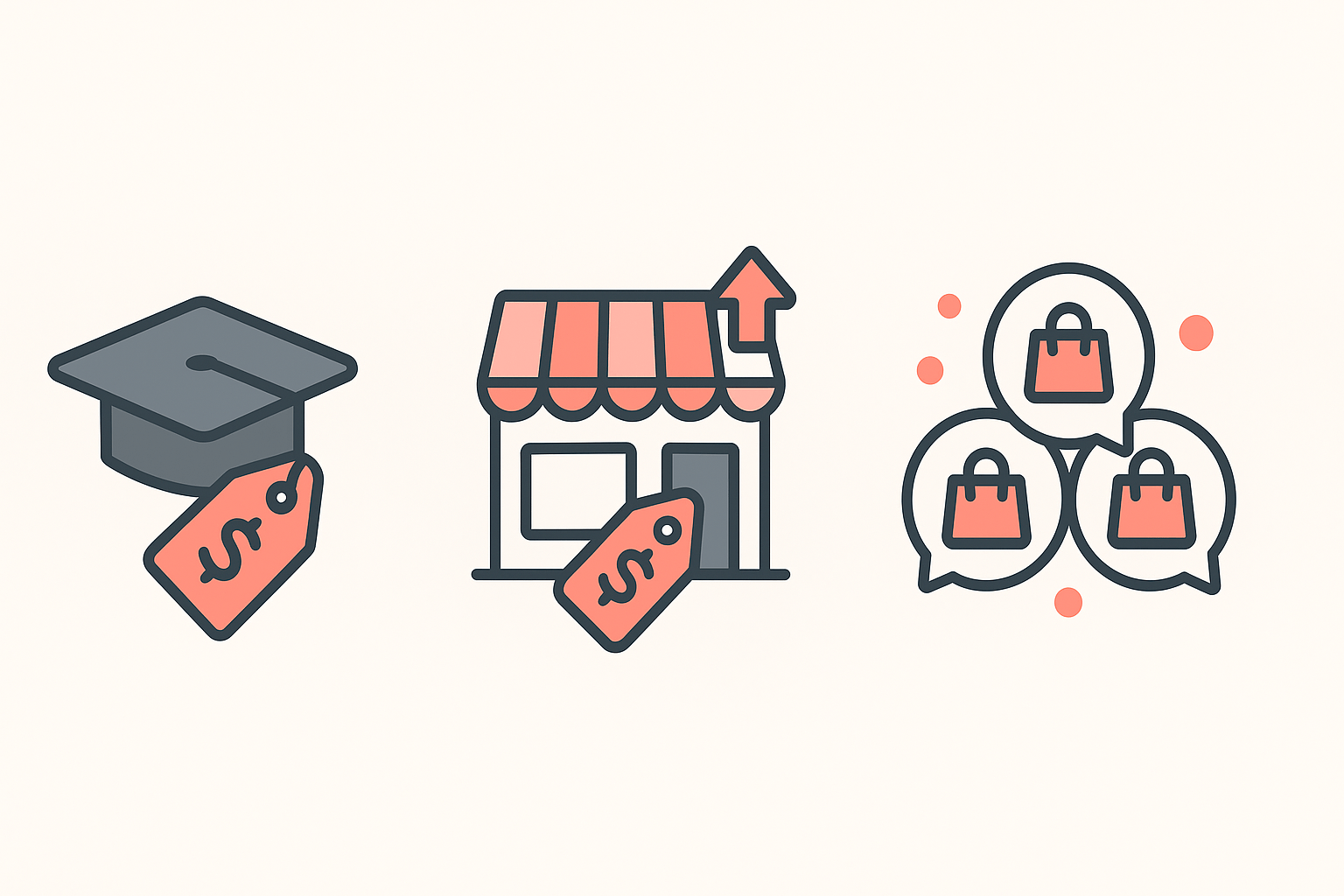 Three reasons people fabricate Shopify sales figures, shown as a flat vector diagram: selling a course, flipping a store, and manufacturing social proof.