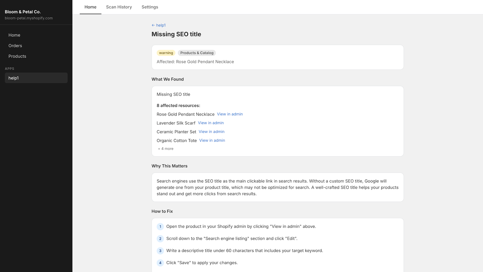 help1 issue page for a missing SEO title, listing the affected products with View in admin links, why the issue matters, and numbered steps to fix it