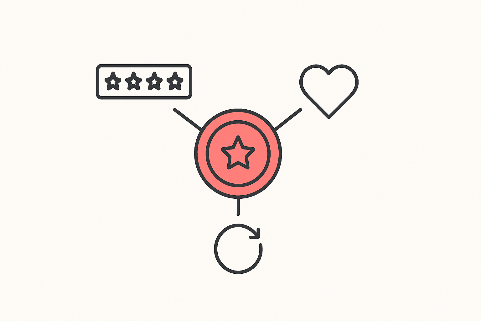 A loyalty points medallion connected to three icons: a star-rating strip, a wishlist heart and a repeating subscription arrow