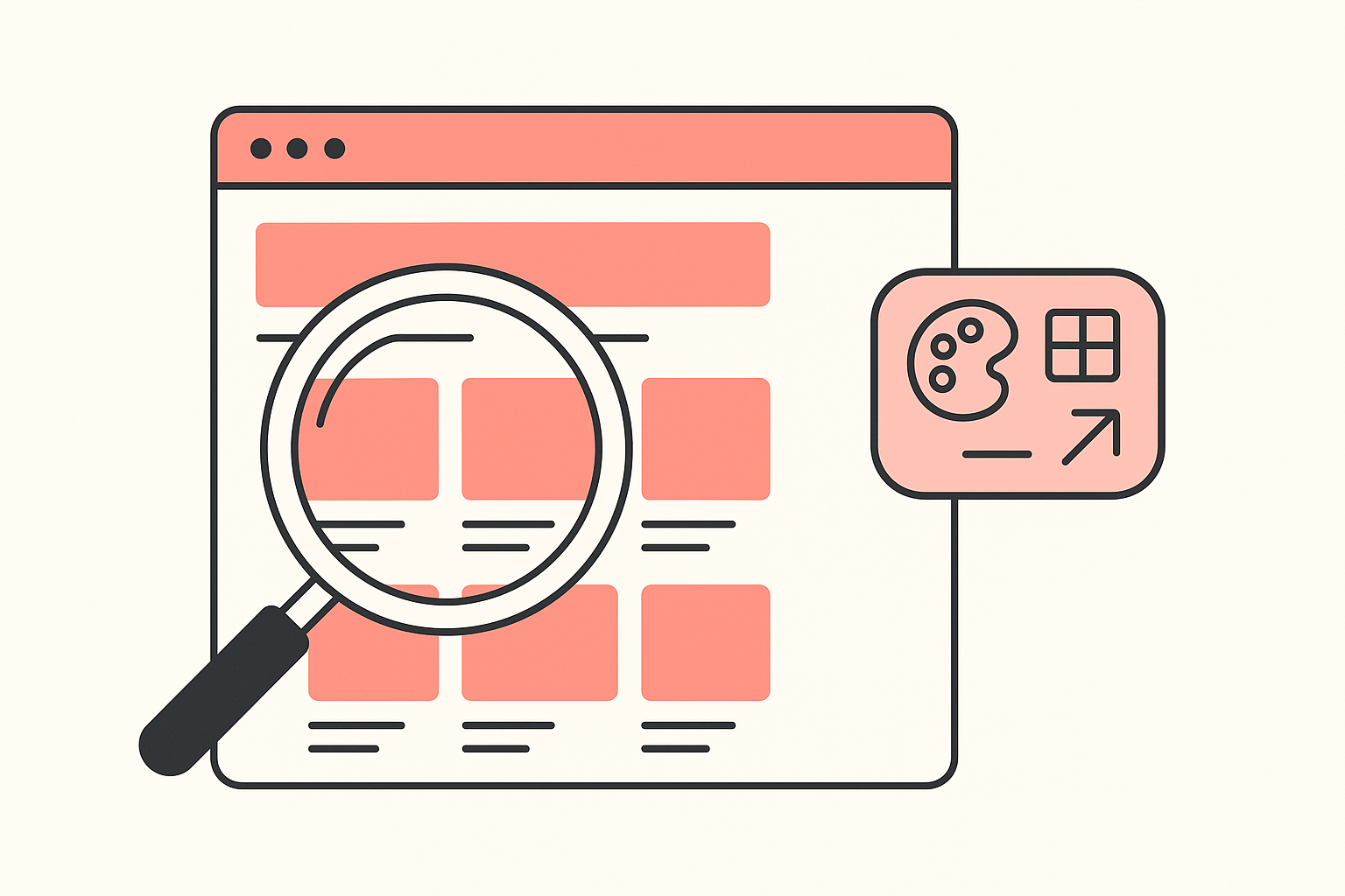 A magnifying glass over an online store with a badge card identifying the design template it runs