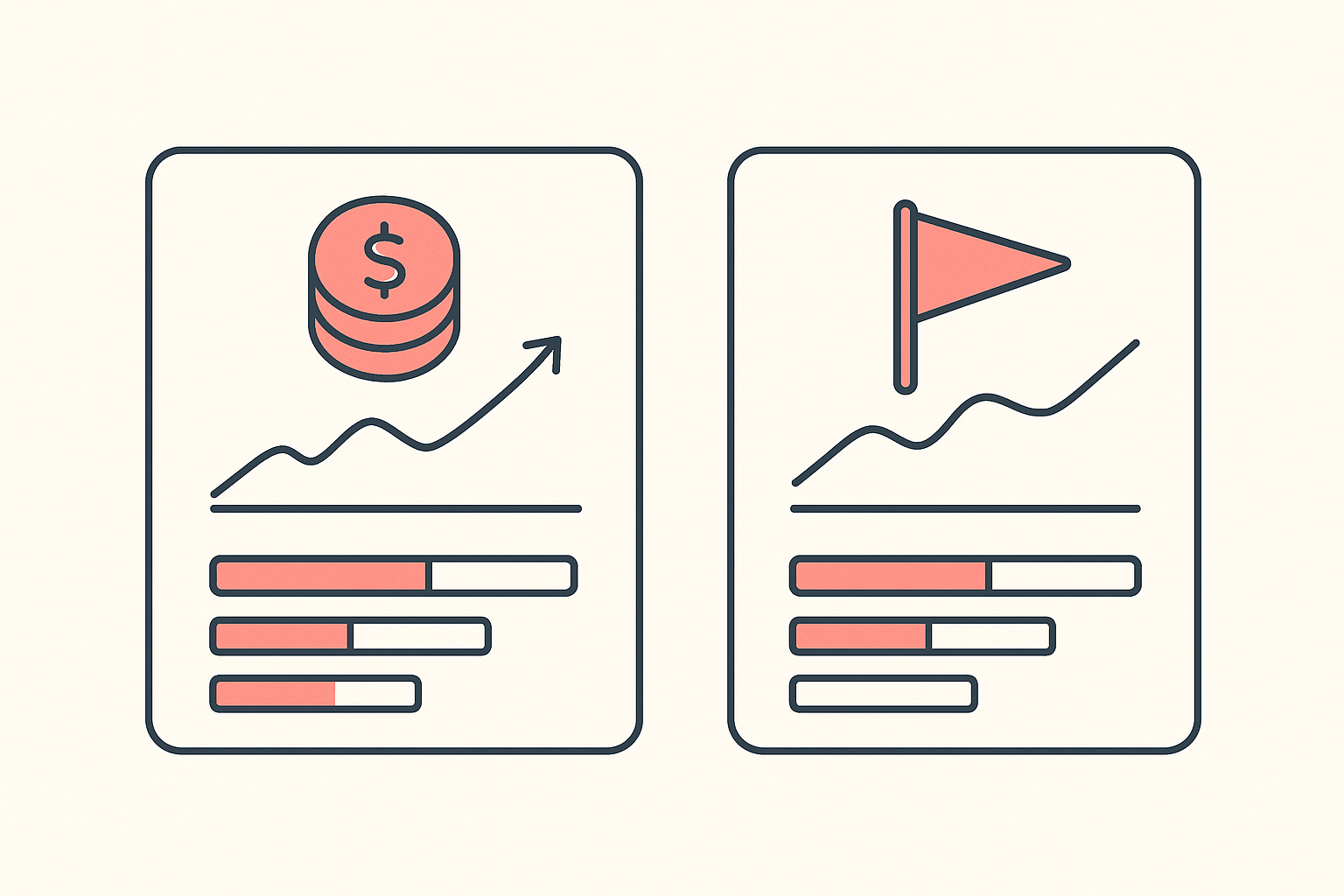 A flat vector illustration contrasting a believable, polished fake dashboard against a single suspicious one, to show that convincing fraud looks ordinary.