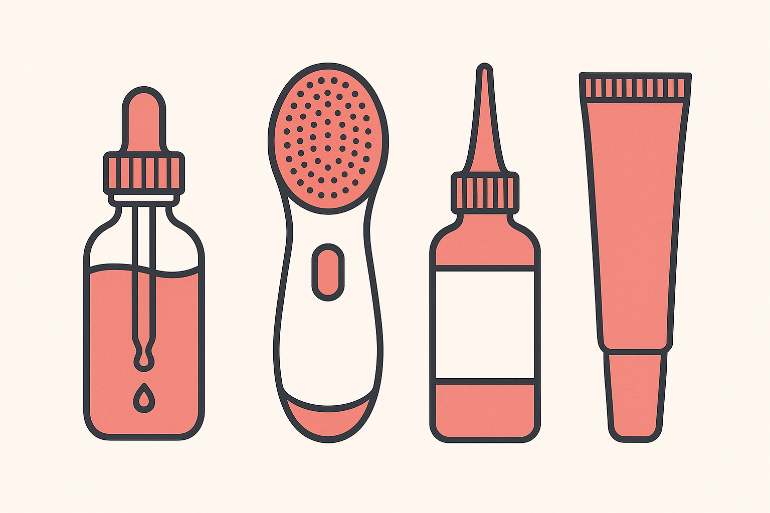 Flat-vector illustration of four beauty product types: a skincare serum, a facial cleansing wand, a hair-growth serum, and a peel-off lip tint