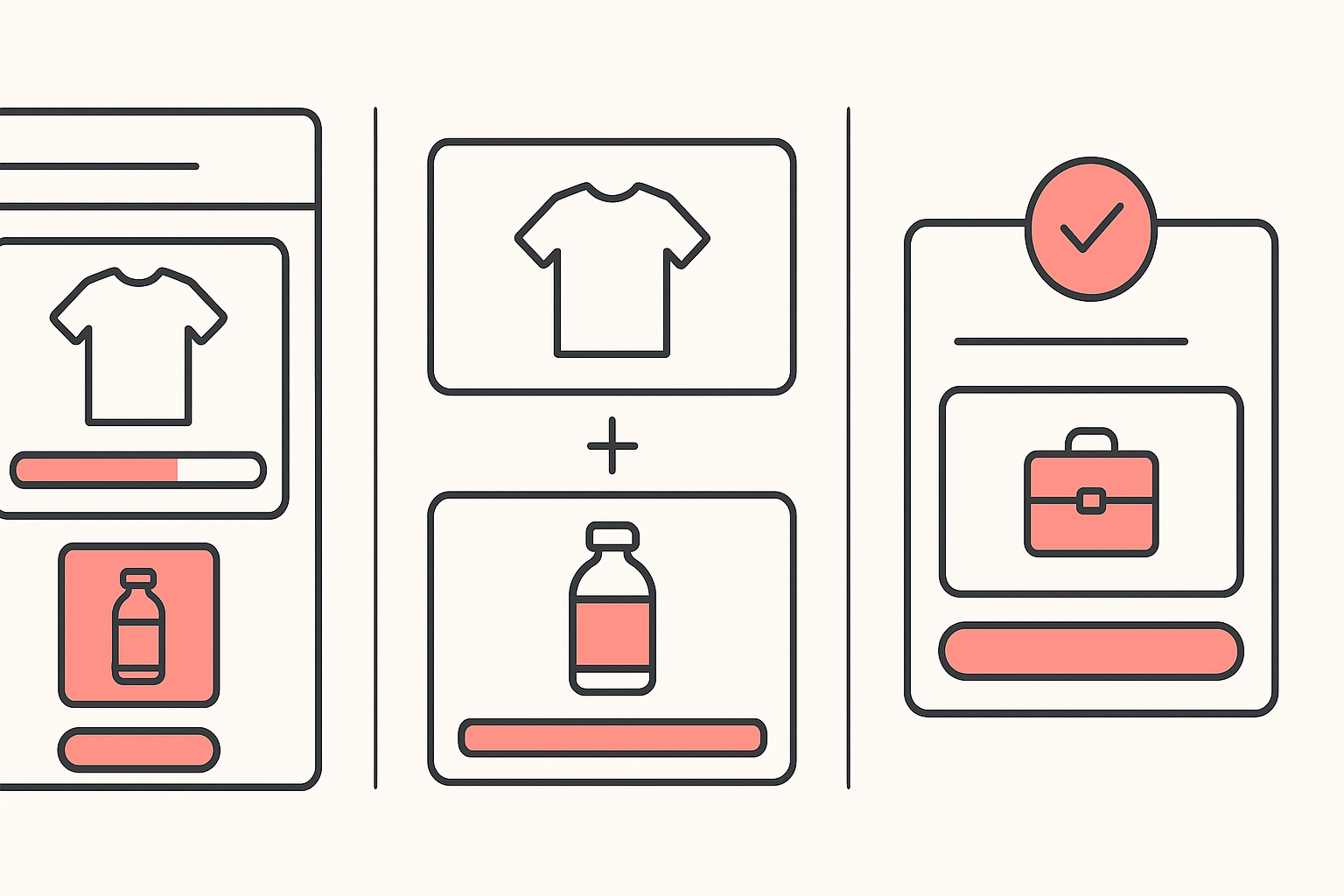 Three Shopify upsell placements shown side by side: a cart drawer with a progress bar, a product bundle, and a post-purchase one-click offer