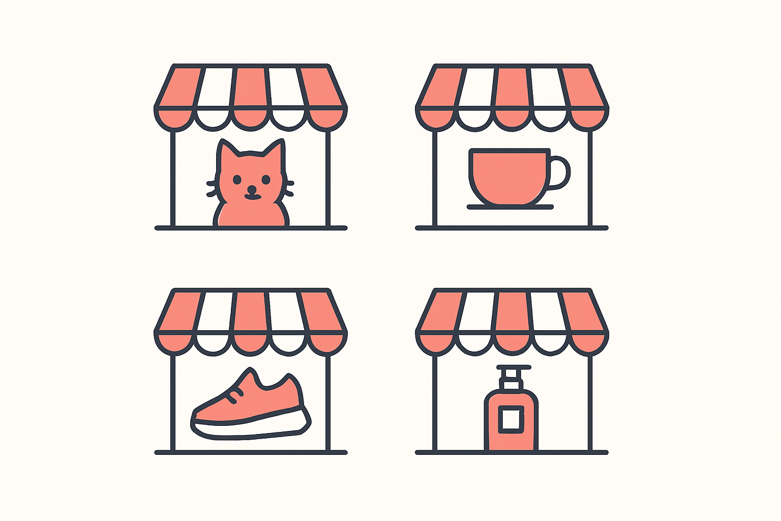 Storefront icons for distinct niches: a pet shop, a tea brand, a sneaker store, and a cosmetics shop