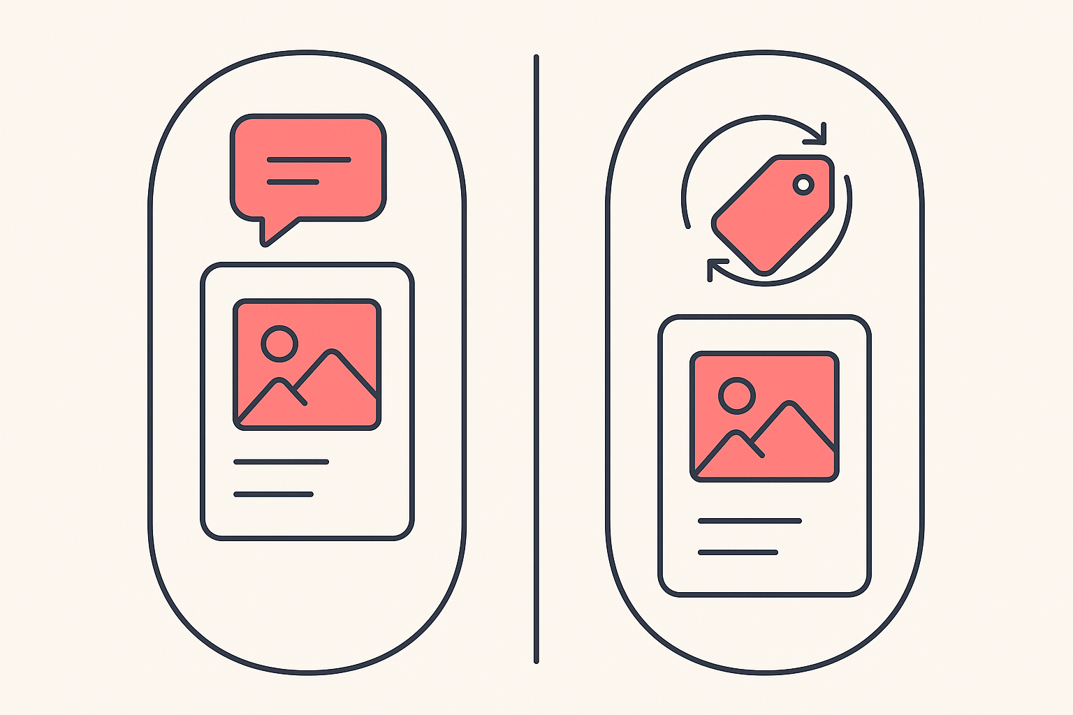 Two panels contrasting a product card with a speech bubble for language and a product card with a price tag and swap arrows for currency