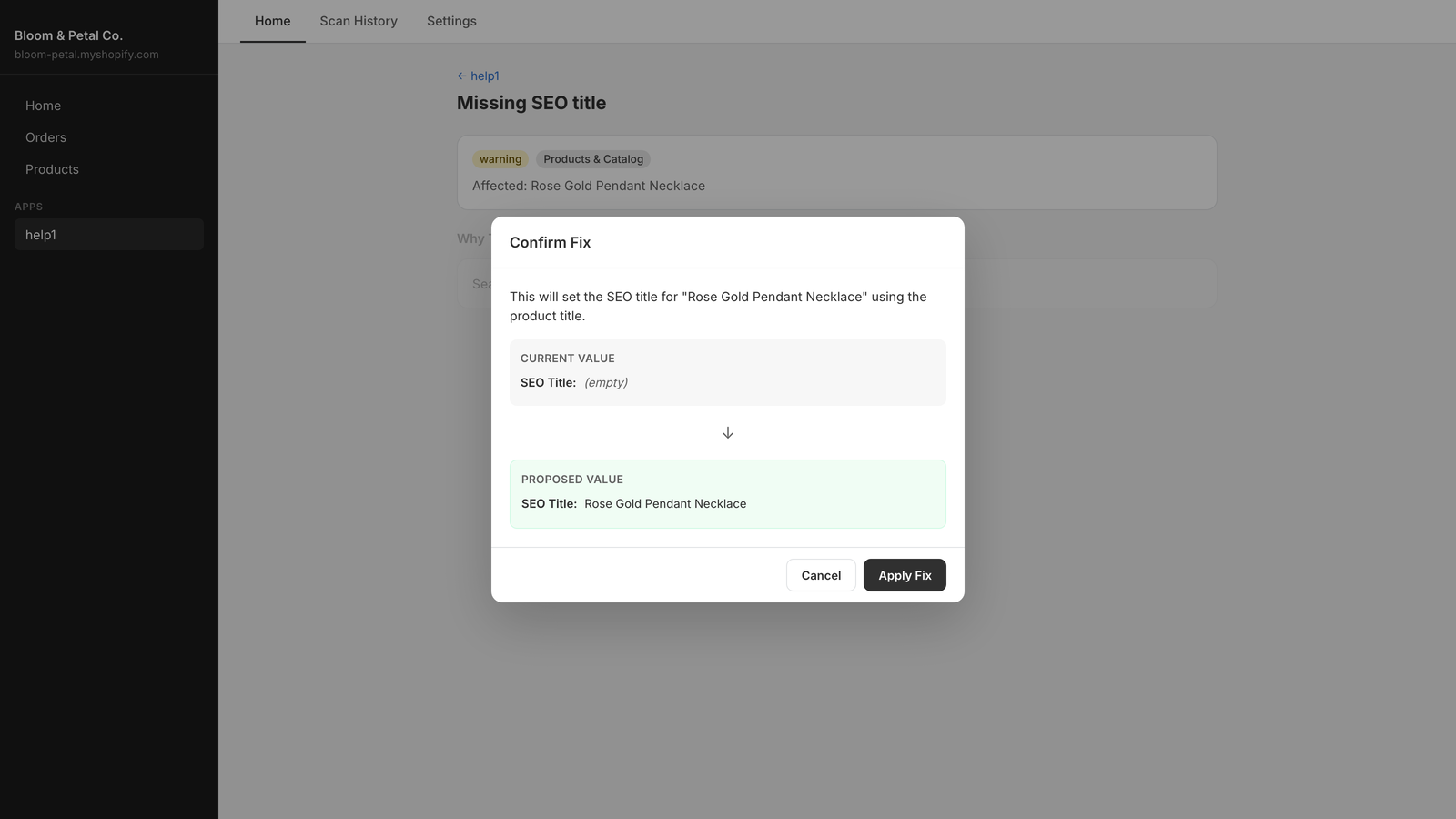 help1 confirm fix dialog showing the current empty SEO title and the proposed SEO title for a product, with Apply Fix and Cancel buttons