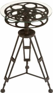 Metal Film Reel Accent Table with Tripod Legs and Glass Top