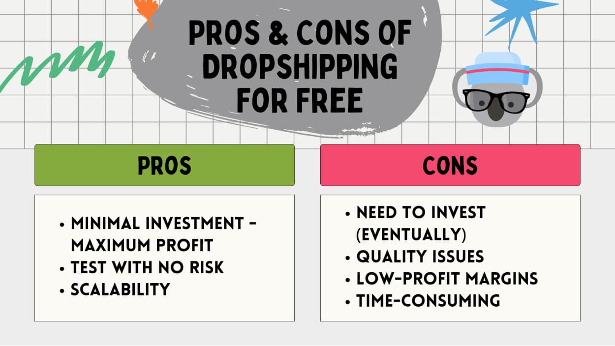Infographic of the pros and cons of dropshipping for free on a white checkered background