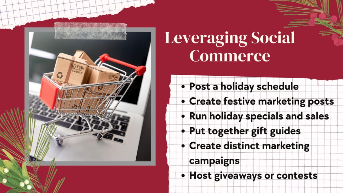 Graphic with tips to leverage social commerce for marketing at the holidays
