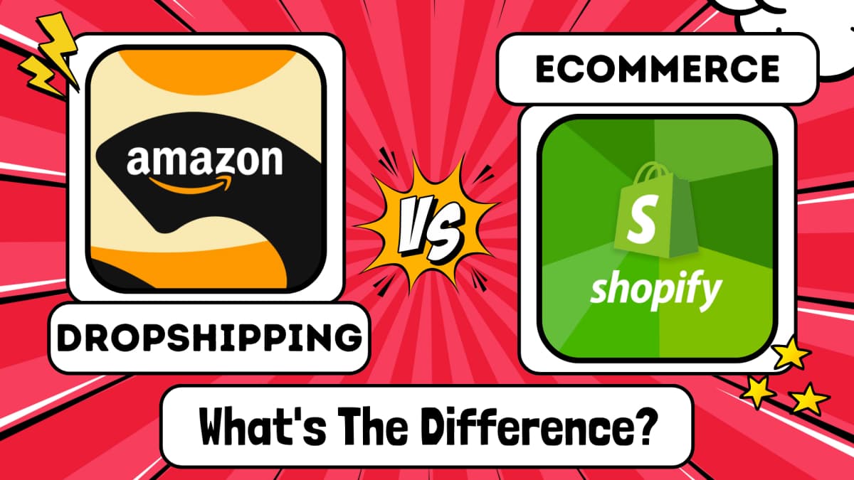 ecommerce vs dropshipping on a red background with amazon on the left with the text dropshipping underneath and shopify on the right with the text ecommerce above