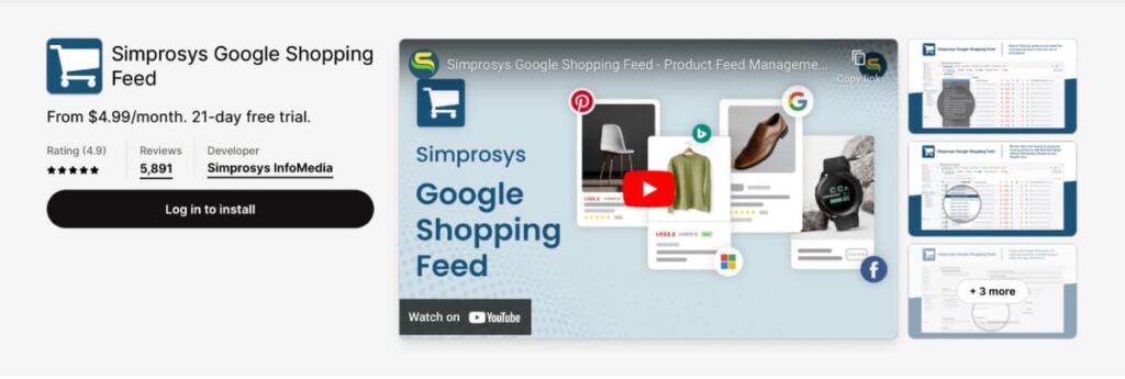 simprosys google feed for shopify app store page