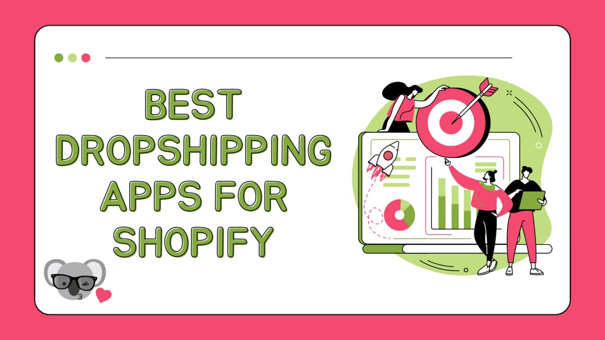 promotional graphic for "Best Dropshipping Apps for Shopify". The main visual includes a large laptop screen displaying various charts and a rocket graphic, symbolizing growth or quick results.